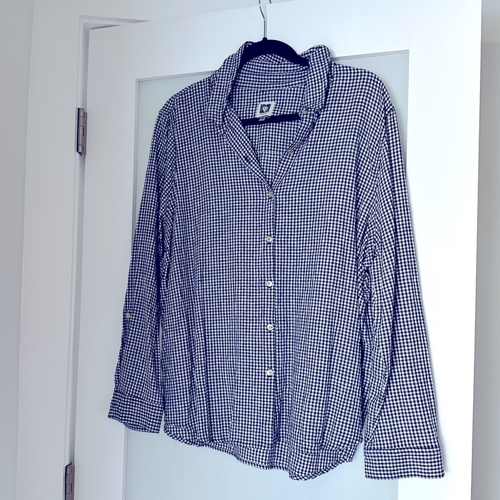 Anne Klein Linen Oversized Beach Button Shirt Navy Blue Checkered